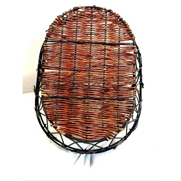 Black Metal & Brown Wicker Oval Basket With Handle & Leaf Design - Picture 7 of 8